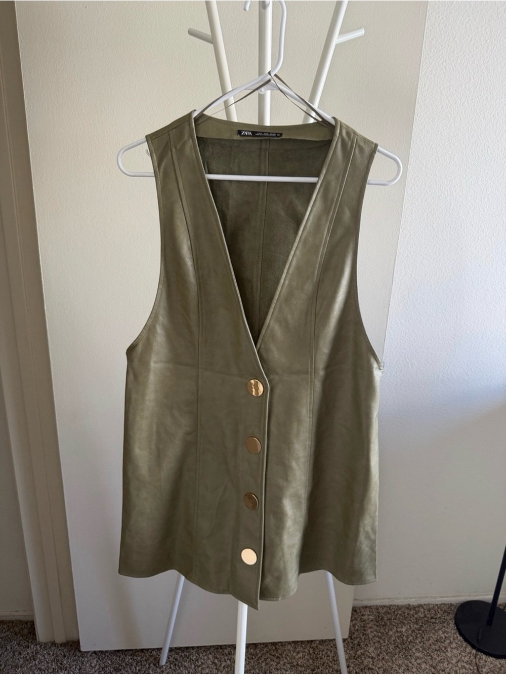 Zara Olive Faux Leather Button-Front Tunic Vest